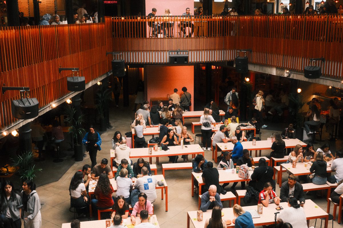 Hospitality venue photographer North East — busy food hall from above